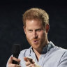 Prince Harry, Duke of Sussex, speaks at “Vax Live: The Concert to Reunite the World” in Los Angeles.