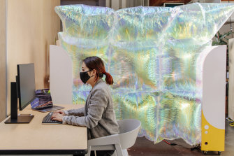 An inflatable balloon wall at Google’s office R&D lab that wheels into place in situations requiring more privacy at Google’s campus in Mountain View, California