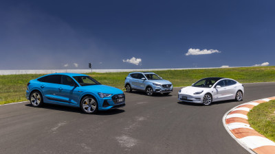 Drive Car of the Year Best Electric Vehicle 2021 best electric vehicle finalists (L-R) Audi e-Tron, MG ZS EV and Tesla Model 3