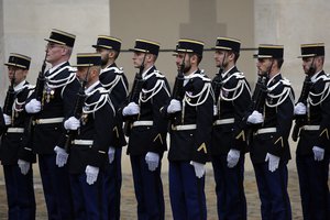 File - French gendarmes stands during a ceremony for the  2020 new year wishes to French gendarmes  in Paris, Thursday, Jan. 9, 2020.