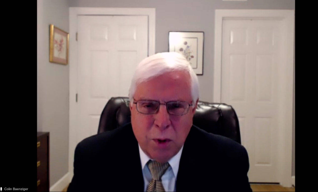 Colin Baenziger of Colin Baenziger Associates out of Daytona Beach Shores, Fla. speaks with Sequim city councilors on Friday, April 30 in a virtual meeting about his process for helping the city choose its next city manager. Tentatively candidates could be selected by August for interviews. Photo: Screen capture