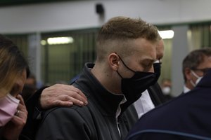 Finnegan Lee Elder listens to the verdict in the trial for the slaying of an Italian plainclothes police officer on a street near the hotel where he and his co-defendant Gabriel Natale-Hjorth were staying while on vacation in Rome in summer 2019, in Rome, Wednesday, May 5, 2021