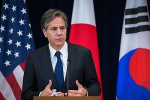 Deputy Secretary of State Antony "Tony" Blinken addresses reporters at a joint press conference with Republic of Korea First Vice Foreign Minister Lim Sung-nam and Japanese Vice Foreign Minister Shinsuke Sugiyama following their trilateral meeting at the U.S. Department of State in Washington, D.C., on January 5, 2017