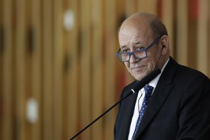 French Foreign Affairs Minister Jean-Yves Le Drian attends during a signing ceremony with his Brazilian counterpart at the Itamaraty Palace, in Brasilia, Brazil, Monday, July 29, 2019