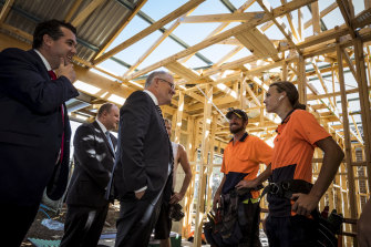 Prime Minister Scott Morrison and Housing Minister Michael Sukkar MP meet builders in Officer in February.