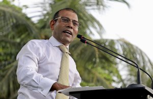 Maldives’ former president Mohamed Nasheed, addresses the public in Male, Maldives, Thursday, Nov.1, 2018.