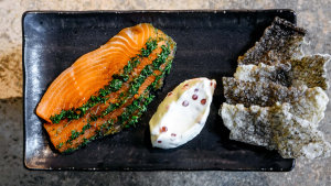 Aurora’s Gin-cured salmon with salmon skin crisps.