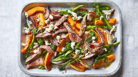 Flash-roasted steak with squash, gorgonzola and sage