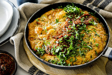 Potato gem and three-cheese frittata with spicy tomato salsa. 