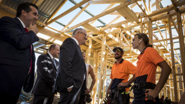 Prime Minister Scott Morrison and Housing Minister Michael Sukkar MP meet builders in Officer in February.