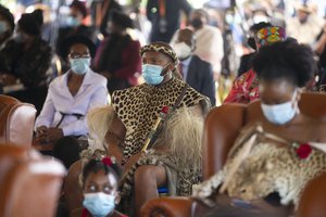 Members of the royal household attend the memorial service for Zulu King Goodwill Zwelithini in Nongoma, South Africa, Thursday, March 18, 2021.