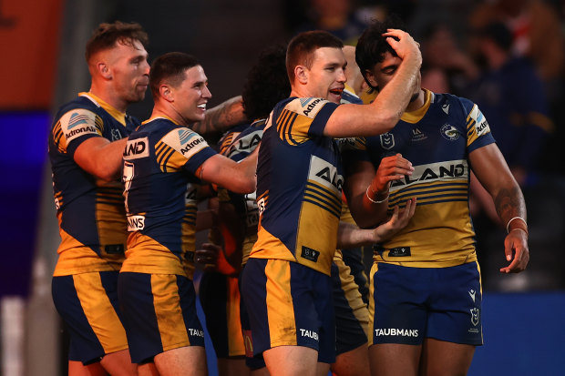 Dylan Brown celebrates with the Eels against the Roosters on May 7.