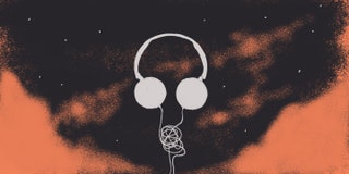 An illustration of tangled headphones