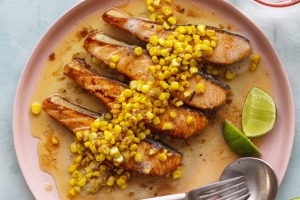 Salmon with buttered garlic corn.