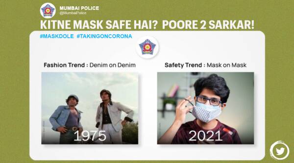 Mumbai police, Mumbai police double masking advisory, Mumbai police Twitter, Covid-19 India second wave, Coronavirus updates, double masking mandatory, Trending news, Indian Express news