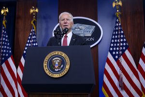 President Joe Biden delivers remarks to Department of Defense personnel, with Vice President Kamala Harris and Secretary of Defense Lloyd J. Austin III, the Pentagon, Washington, D.C., Feb. 10, 2021.