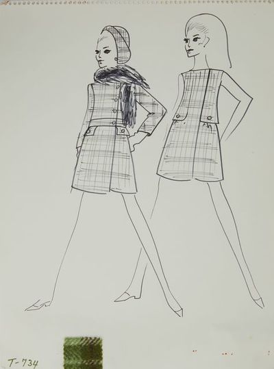 Karl Lagerfeld, ‘Karl Lagerfeld Original Fashion Sketch Ink Drawing with Fabric T-734’, 1963-1969