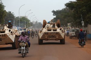 Peacekeepers serving with the United Nations Multidimensional Integrated Stabilization Mission in the Central African Republic (MINUSCA) patrol the streets of the country’s capital Bangui