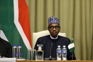 Muhammadu Buhari attends a meeting with South Africa's President, Cyril Ramaphosa, after a welcoming ceremony in Pretoria, South Africa