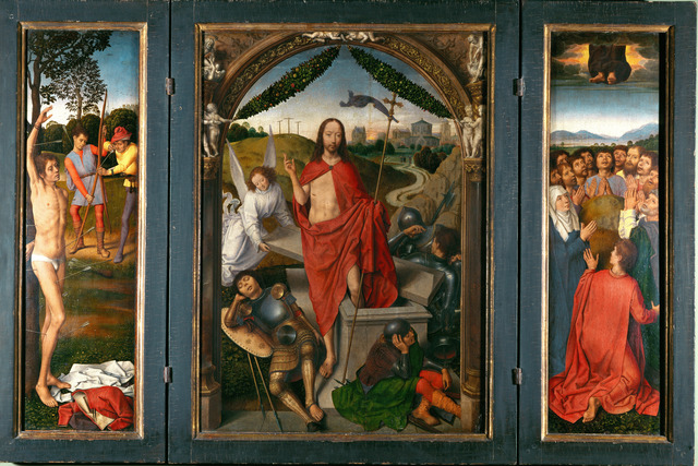 Hans Memling, ‘Triptych of the Resurrection with Saint Sebastian (left wing) and Ascension of Christ (right wing)’, ca. 1485-1490, Painting, Oil on panel, Erich Lessing Culture and Fine Arts Archive