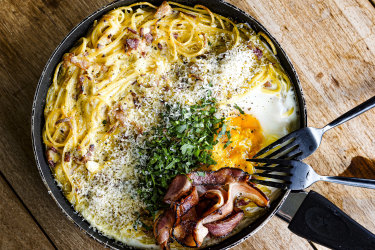 Katrina Meynink’s loaded pasta, cheese and bacon frittata. 