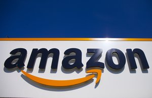 In this April 16, 2020, file photo, the Amazon logo is displayed in Douai, northern France