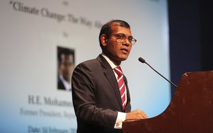 Former Maldives President Mohamed Nasheed delivers a lecture on climate change in New Delhi, India, Thursday, Feb. 14, 2019.