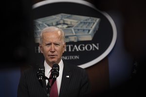 President Joe Biden delivers remarks in a press event with Secretary of Defense Lloyd J. Austin III and Vice President Kamala Harris, the Pentagon, Washington, D.C., Feb. 10, 2021.