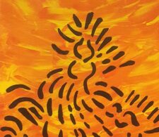 Image description: abstract painting composed of short black lines narrowing vertically upwards on an orange background.