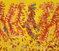 Image description: abstract painting with shorter red, orange, and blue strokes feathering from six red vertical lines on yellow background.