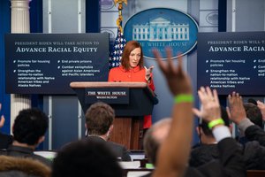 White House Press Secretary Jen Psaki participates in a briefing Tuesday, Jan. 26, 2021, in the James S. Brady Press Briefing Room of the White House