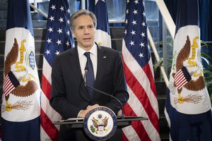 Secretary of State Antony J. Blinken delivers remarks to employees at the U.S. Department of State in Washington, D.C., on January 27, 2021.