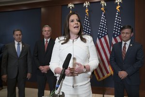 Rep. Elise Stefanik, R-N.Y., speaks to reporters at the Capitol in Washington, Friday, May 14, 2021