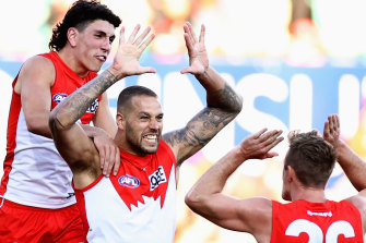 Lance Franklin celebrates one of his two goals in Saturday’s win over Collingwood.