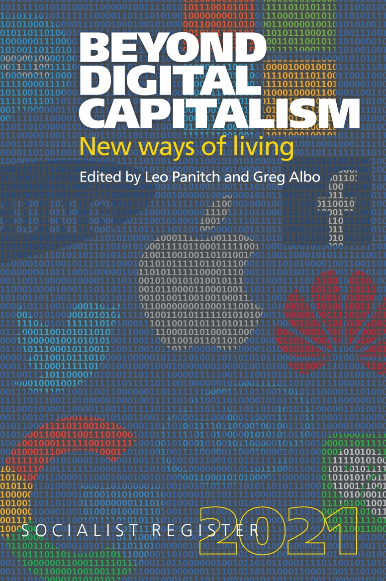 'Beyond Digital Capitalism' book title against Matrix-style background of zeros and ones overlaid by high-tech company logos..