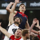 MELBOURNE, AUSTRALIA - MAY 16: Jake Lever of the Demons, Levi Casboult of the Blues, Steven May of the Demons, Harrison Petty of the Demons and Harry McKay of the Blues compete for the ball during the 2021 AFL Round 09 match between the Melbourne Demons and the Carlton Blues at the Melbourne Cricket Ground on May 16, 2021 in Melbourne, Australia. (Photo by Dylan Burns/AFL Photos via Getty Images)