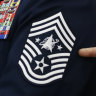 A Chief Master Sergeant displays his insignia during a presentation of the United States Space Force flag in the Oval Office of the White House in Washington.