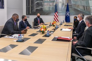 Secretary of State Atony J. Blinken and U.S. Secretary of Defense Lloyd Austin meet with NATO Secretary General Jans Stoltenberg in Brussels, Belgium on April 14, 2021