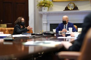 President Joe Biden and Vice President Kamala Harris are briefed on a two trillion dollar infrastructure plan Monday, March 29, 2021, in the Roosevelt Room of the White House.