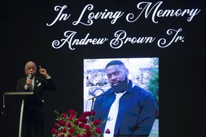 This May 3, 2021, file photo shows Rev. Al Sharpton speaking during the funeral for Andrew Brown Jr., at Fountain of Life Church in Elizabeth City, N.C. Pastors and denominational leaders rallied in Elizabeth City, N. C., on Saturday, May 8, 2021