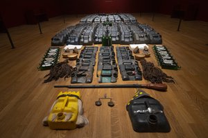 The installation titled La Bouche du Roi, (The Mouth of the King), by Romuald Hazoume from the perspective of the millions of people deported from the west coast of Africa across the Atlantic Ocean to the Americas as commodities, is seen at the Slavery exhibition Rijksmuseum in Amsterdam, Netherlands, Monday, May 17, 2021.