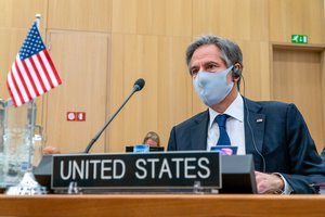 Secretary of State Antony Blinken participates in North Atlantic Council meetings in Brussels, Belgium, on March 23, 2021.