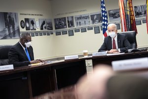 Joe Biden delivers remarks in a meeting with Kamala Harris, Lloyd J. Austin III, and other senior civilian and military leaders, the Pentagon, Washington, D.C., Feb. 10, 2021