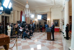 File - President Joe Biden, joined by Vice President Kamala Harris, delivers remarks on the guilty verdicts in the Derek Chauvin trial Tuesday, April 20, 2021, in the Grand Foyer of the White House.