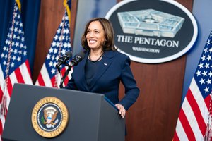 Kamala Harris delivers remarks during a press conference Wednesday, Feb. 10, 2021, at the Pentagon in Arlington, Virginia