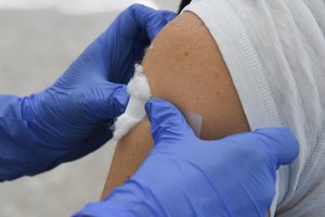 A health worker vaccinates citizens at one of the covid - 19 vaccination points in Podgorica on April 14, 2021.