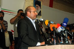 File - Iran’s parliament speaker  Mohammad Bagher Ghalibaf gives a speech in a campaign in Mashhad, Iran.