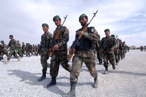 Afghan National Army Snipers marching during the closing ceremony of Atal Wali training exercise on Nov. 20, 2005 at the Shir Zai Compound, Kandahar, Afghanistan.