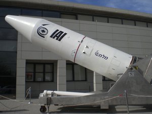 File - Third stage of Israeli space launch vehicle Shavit (with the Israel Aerospace Industries logo). Israel is widely believed to possess nuclear weapons.