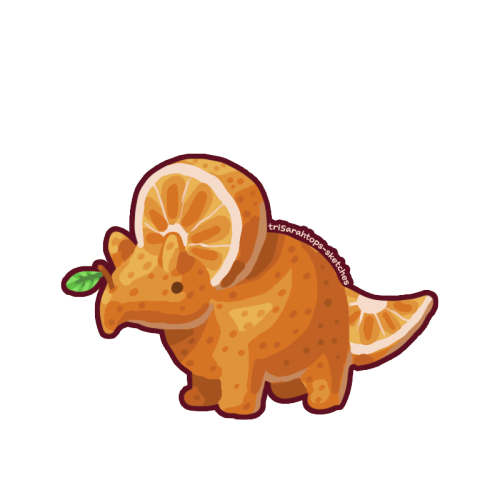 A digital illustration of an citrus themed orange triceratops. Its frill and tail are orange slices, and the horn on its nose is a stem with a leaf coming off.